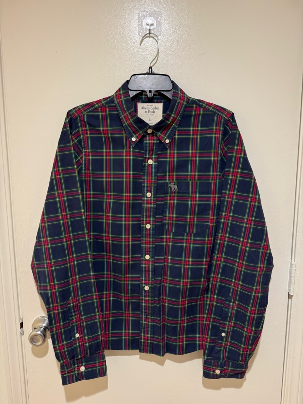 Abercrombie & Fitch Navy, Green & Red Plaid Button-Down Shirt